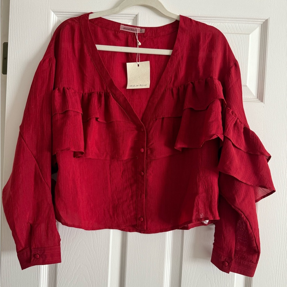 Red Ruffled V-Neck Blouse